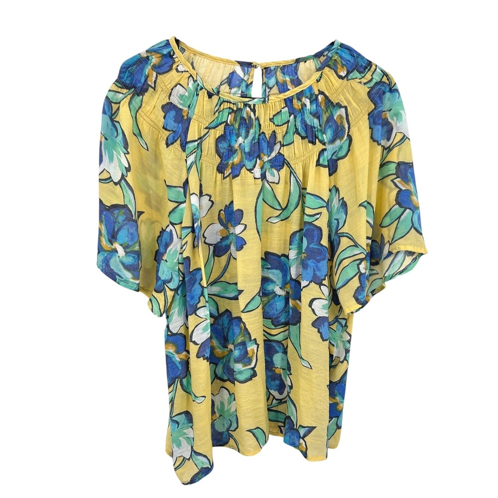 Floral Blouse Flowy Flutter Sleeve Top XL 1X Yellow Blue Boho Costal Cottagecore